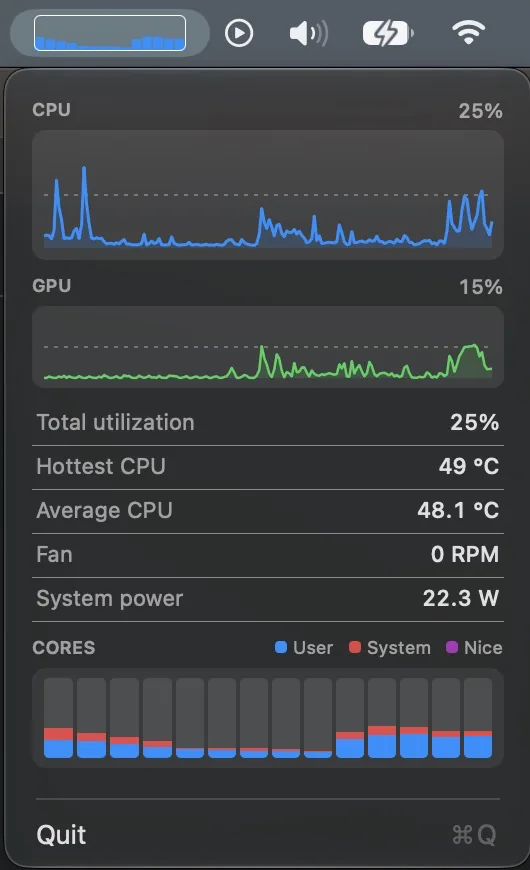 rasitop showing CPU and GPU activity, temperature, fan speed, and system power
